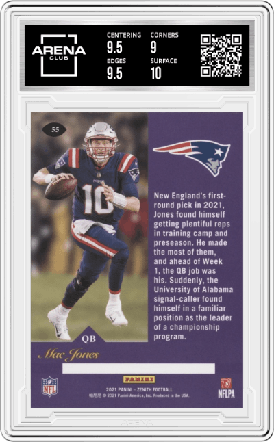 Mac Jones from the 2021 Panini Zenith set graded by Arena Club and given an overall grade of 9.5.