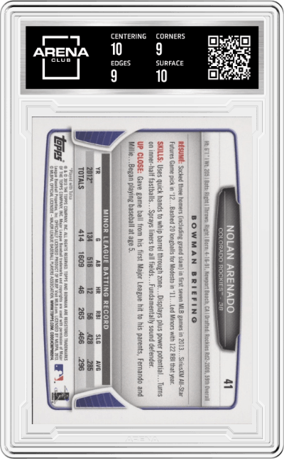 Nolan Arenado from the 2013 Bowman Draft set graded by Arena Club and given an overall grade of 9.5.