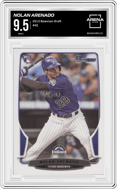 Nolan Arenado from the 2013 Bowman Draft set graded by Arena Club and given an overall grade of 9.5.