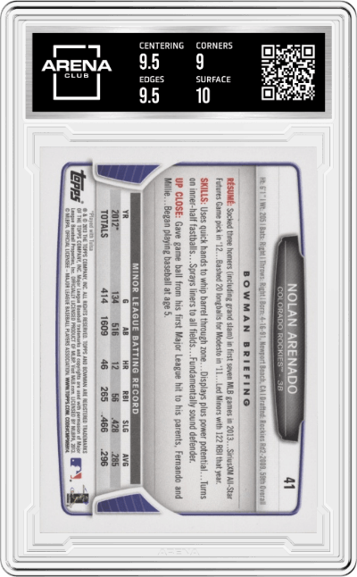 Nolan Arenado from the 2013 Bowman Draft set graded by Arena Club and given an overall grade of 9.5.