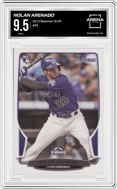 Nolan Arenado from the 2013 Bowman Draft set graded by Arena Club and given an overall grade of 9.5.