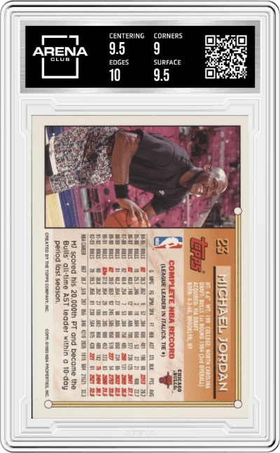 Michael Jordan from the 1993-94 Topps Gold set graded by Arena Club and given an overall grade of 9.5.