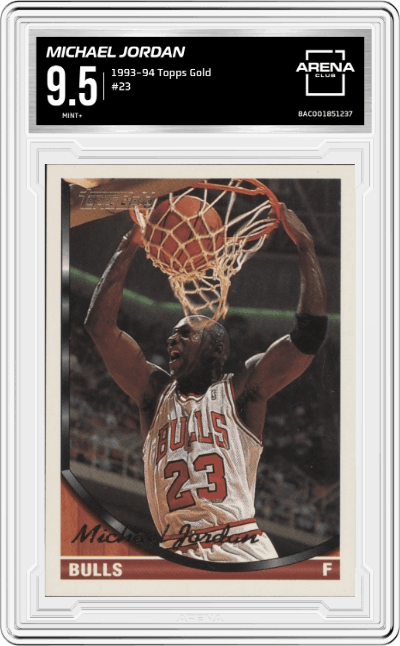 Michael Jordan from the 1993-94 Topps Gold set graded by Arena Club and given an overall grade of 9.5.