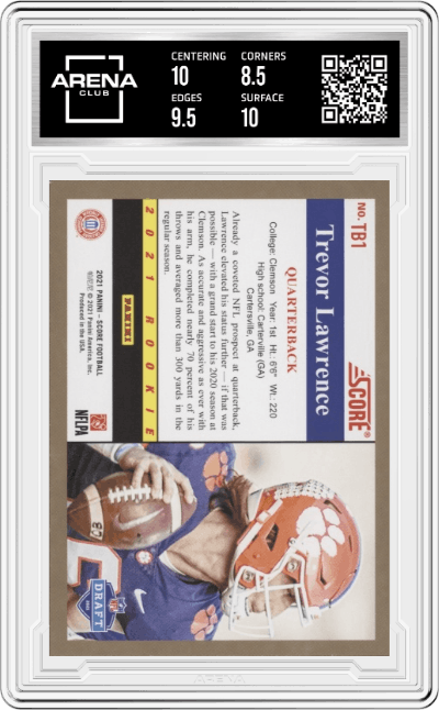 Trevor Lawrence from the 2021 Panini Score set graded by Arena Club and given an overall grade of 9.