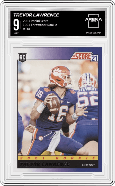 Trevor Lawrence from the 2021 Panini Score set graded by Arena Club and given an overall grade of 9.