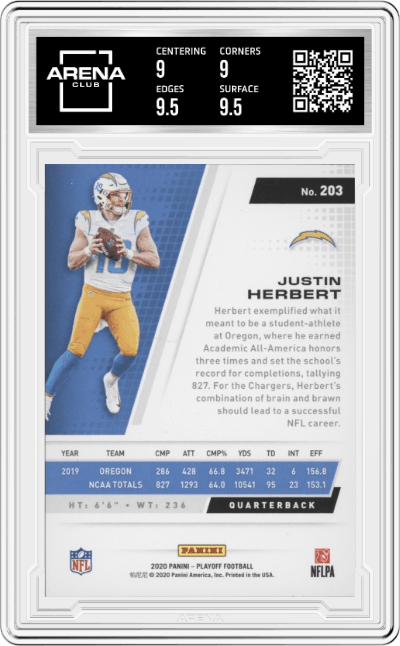 Justin Herbert from the 2020 Panini Playoff set featuring a Goal Line parallel graded by Arena Club and given an overall grade of 9.5.