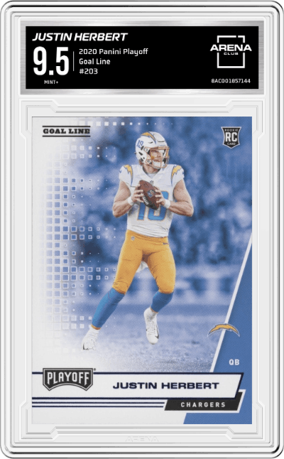 Justin Herbert from the 2020 Panini Playoff set featuring a Goal Line parallel graded by Arena Club and given an overall grade of 9.5.