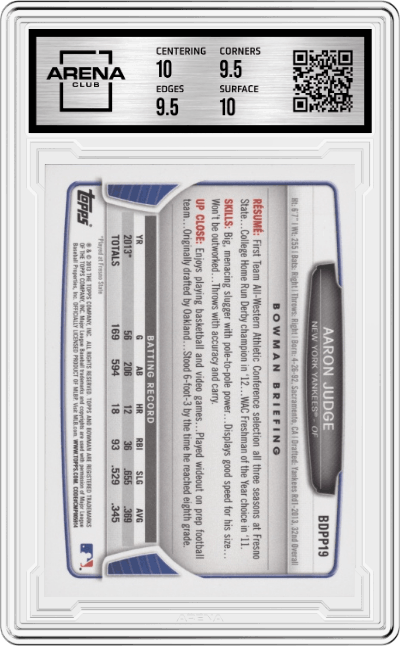 Aaron Judge from the 2013 Bowman Draft set graded by Arena Club and given an overall grade of 10.
