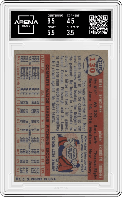 Don Newcombe from the 1957 Topps set graded by Arena Club and given an overall grade of 4.
