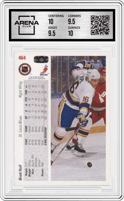 Brett Hull from the 1991-92 Upper Deck set graded by Arena Club and given an overall grade of 10.