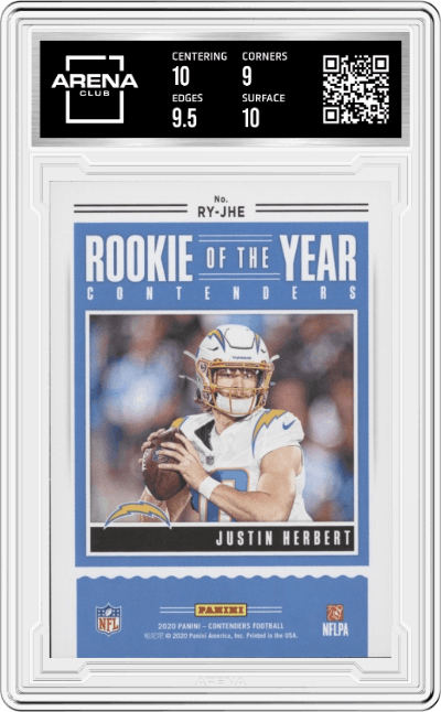 Justin Herbert from the 2020 Panini Contenders set graded by Arena Club and given an overall grade of 9.5.