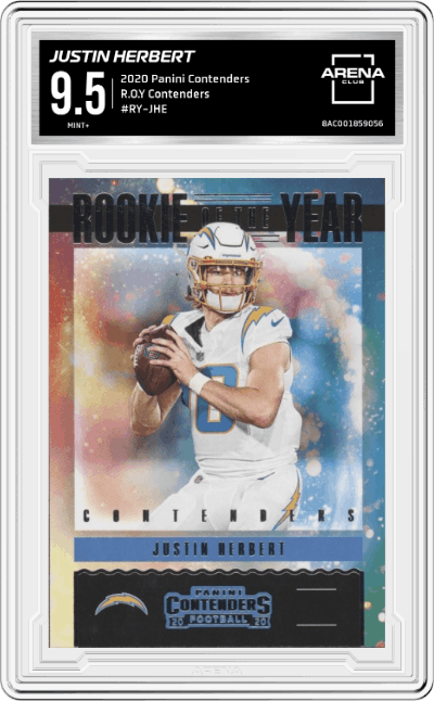 Justin Herbert from the 2020 Panini Contenders set graded by Arena Club and given an overall grade of 9.5.