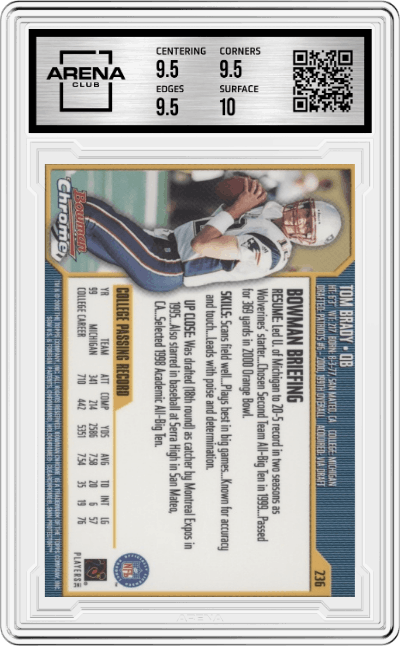 Tom Brady from the 2000 Bowman Chrome set graded by Arena Club and given an overall grade of 10.