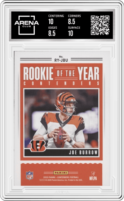 Joe Burrow from the 2020 Panini Contenders set graded by Arena Club and given an overall grade of 9.