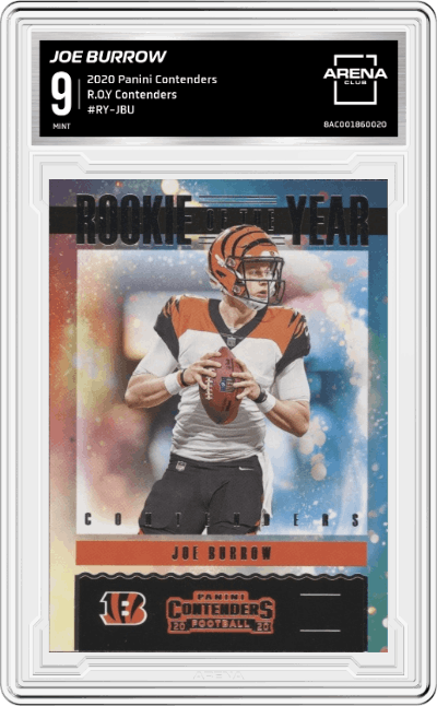 Joe Burrow from the 2020 Panini Contenders set graded by Arena Club and given an overall grade of 9.