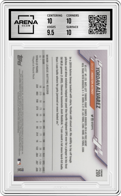 Yordan Alvarez from the 2020 Topps Chrome set graded by Arena Club and given an overall grade of 10.
