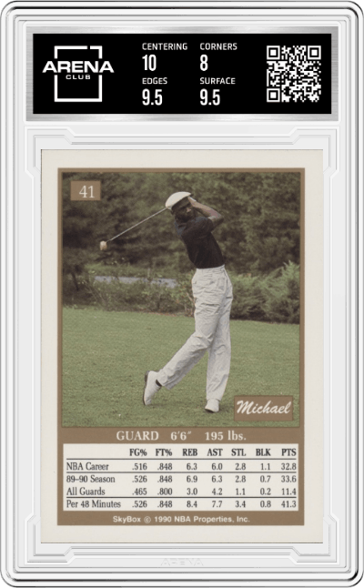 Michael Jordan from the 1990-91 Skybox set graded by Arena Club and given an overall grade of 8.5.