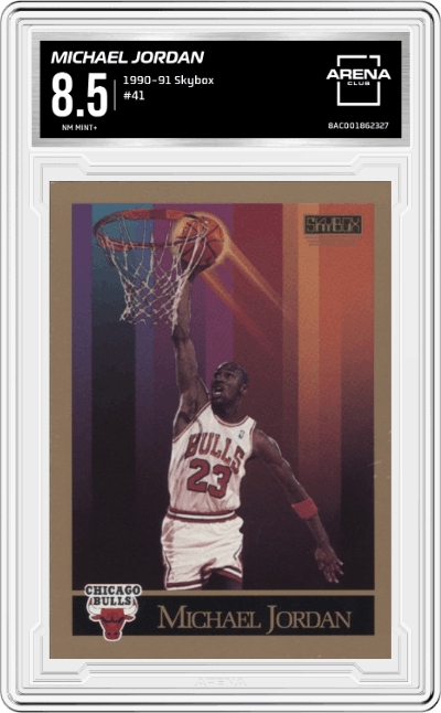 Michael Jordan from the 1990-91 Skybox set graded by Arena Club and given an overall grade of 8.5.