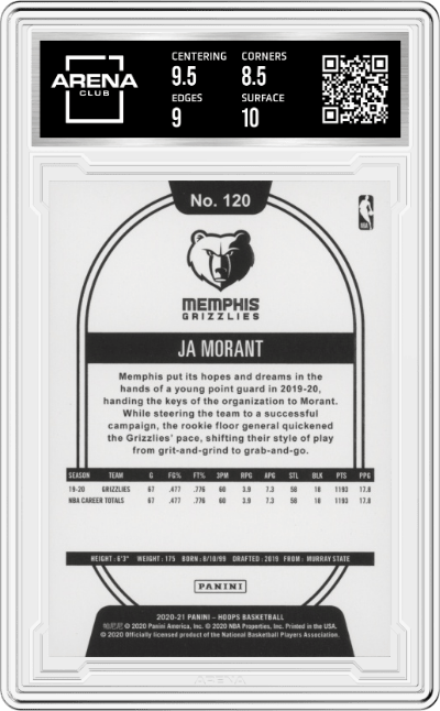 Ja Morant from the 2020-21 Panini NBA Hoops Basketball set graded by Arena Club and given an overall grade of 9.