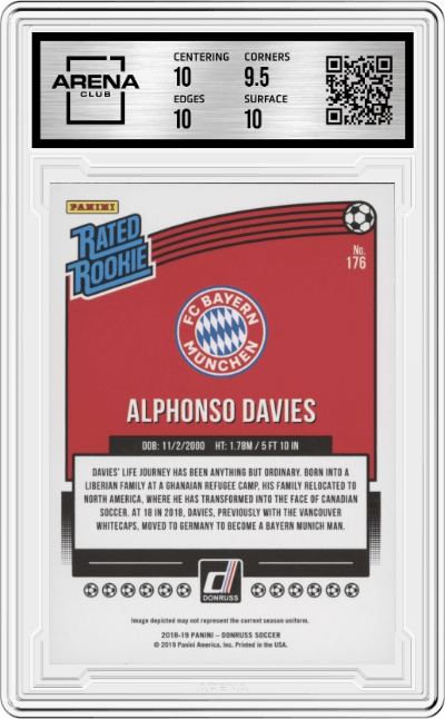 Alphonso Davies from the 2018-19 Panini Donruss set graded by Arena Club and given an overall grade of 10.