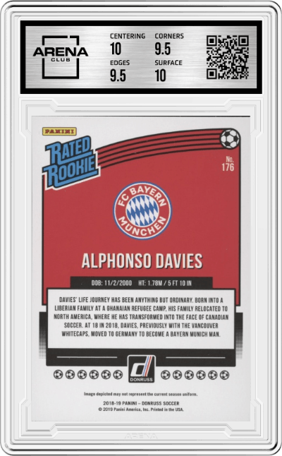 Alphonso Davies from the 2018-19 Panini Donruss set graded by Arena Club and given an overall grade of 10.