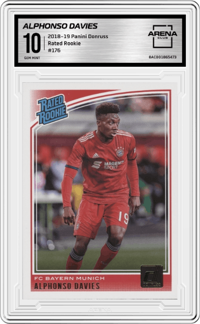 Alphonso Davies from the 2018-19 Panini Donruss set graded by Arena Club and given an overall grade of 10.