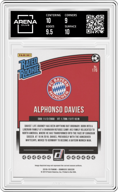 Alphonso Davies from the 2018-19 Panini Donruss set graded by Arena Club and given an overall grade of 9.5.