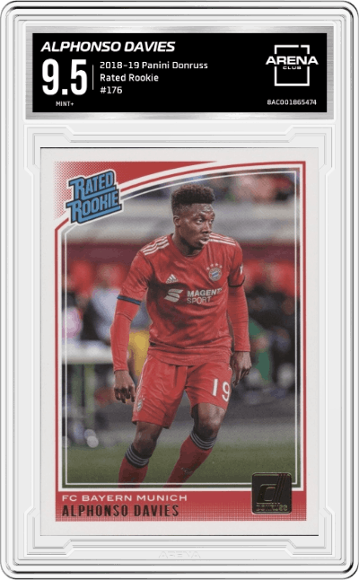Alphonso Davies from the 2018-19 Panini Donruss set graded by Arena Club and given an overall grade of 9.5.