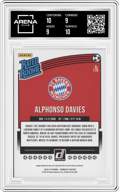 Alphonso Davies from the 2018-19 Panini Donruss set graded by Arena Club and given an overall grade of 9.5.