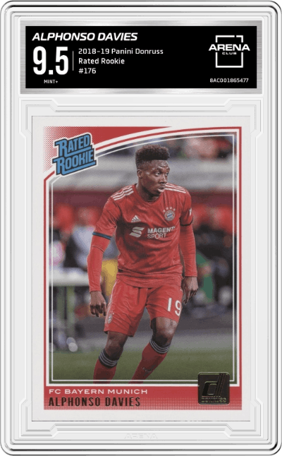 Alphonso Davies from the 2018-19 Panini Donruss set graded by Arena Club and given an overall grade of 9.5.