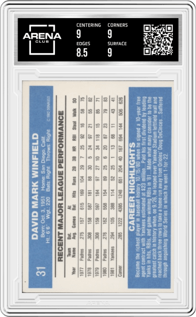Dave Winfield  from the 1982 Donruss set graded by Arena Club and given an overall grade of 9.