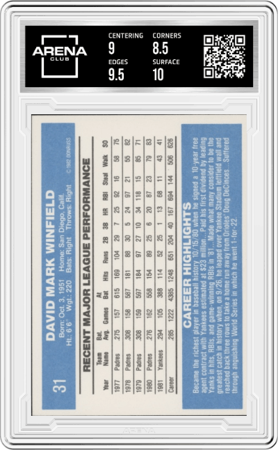 Dave Winfield  from the 1982 Donruss set graded by Arena Club and given an overall grade of 9.