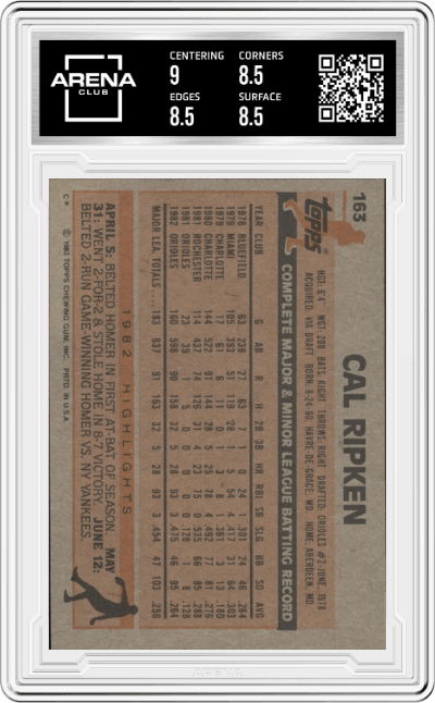 Cal Ripken  from the 1983 Topps set graded by Arena Club and given an overall grade of 8.5.