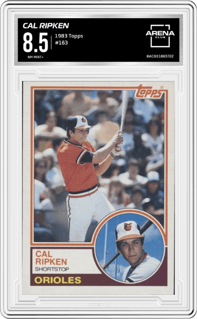 Cal Ripken  from the 1983 Topps set graded by Arena Club and given an overall grade of 8.5.