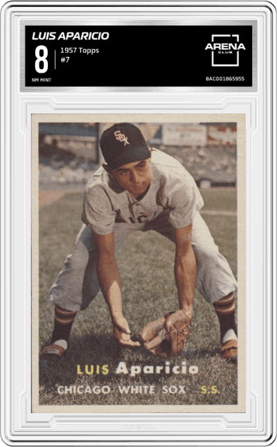 Luis Aparicio from the 1957 Topps set graded by Arena Club and given an overall grade of 8.