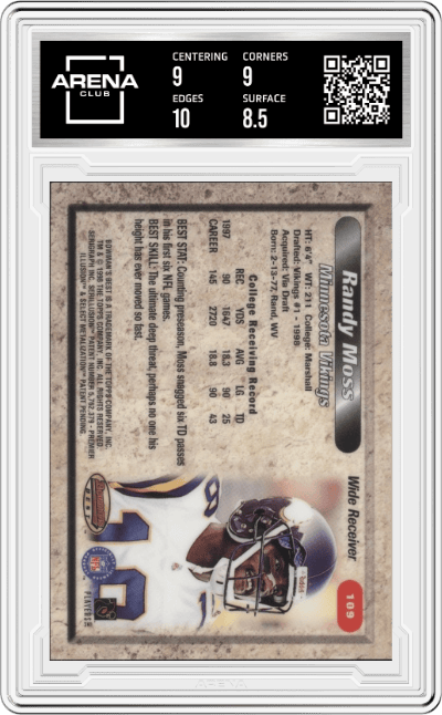 Randy Moss from the 1998 Bowman's Best set graded by Arena Club and given an overall grade of 9.