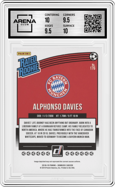 Alphonso Davies from the 2018-19 Panini Donruss set graded by Arena Club and given an overall grade of 10.