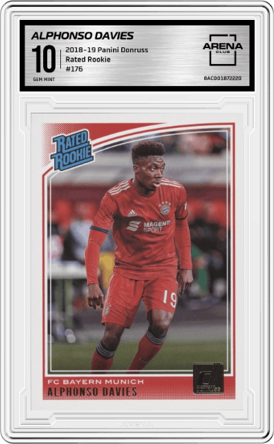 Alphonso Davies from the 2018-19 Panini Donruss set graded by Arena Club and given an overall grade of 10.