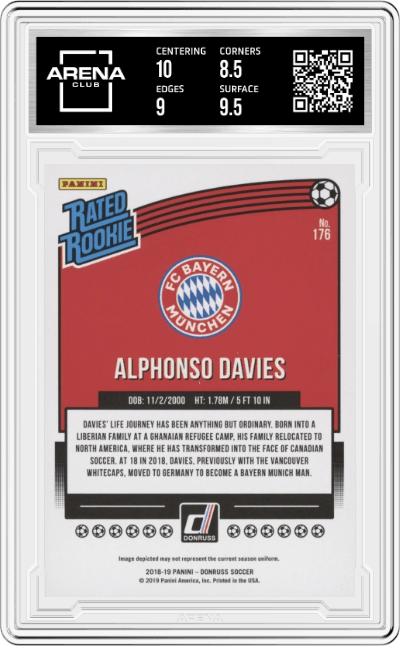 Alphonso Davies from the 2018-19 Panini Donruss set graded by Arena Club and given an overall grade of 9.