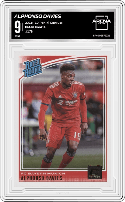 Alphonso Davies from the 2018-19 Panini Donruss set graded by Arena Club and given an overall grade of 9.