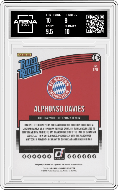 Alphonso Davies from the 2018-19 Panini Donruss set graded by Arena Club and given an overall grade of 9.5.