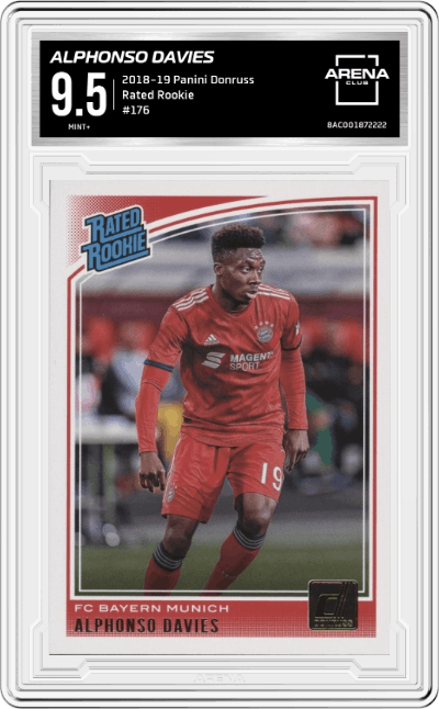 Alphonso Davies from the 2018-19 Panini Donruss set graded by Arena Club and given an overall grade of 9.5.