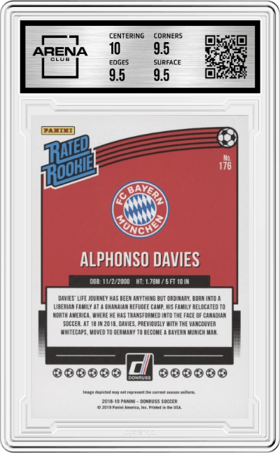 Alphonso Davies from the 2018-19 Panini Donruss set graded by Arena Club and given an overall grade of 10.