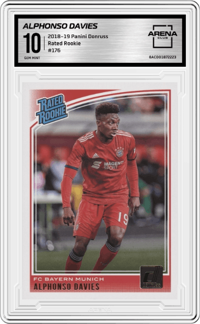 Alphonso Davies from the 2018-19 Panini Donruss set graded by Arena Club and given an overall grade of 10.
