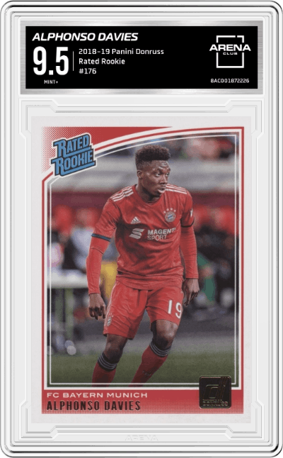 Alphonso Davies from the 2018-19 Panini Donruss set graded by Arena Club and given an overall grade of 9.5.