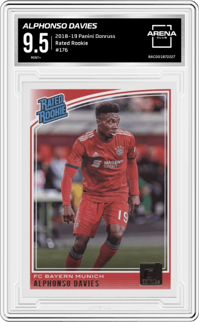 Alphonso Davies from the 2018-19 Panini Donruss set graded by Arena Club and given an overall grade of 9.5.