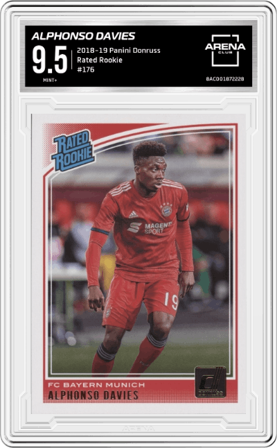 Alphonso Davies from the 2018-19 Panini Donruss set graded by Arena Club and given an overall grade of 9.5.