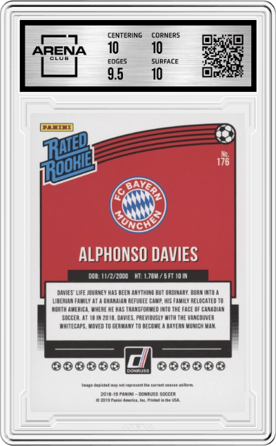 Alphonso Davies from the 2018-19 Panini Donruss set graded by Arena Club and given an overall grade of 10.