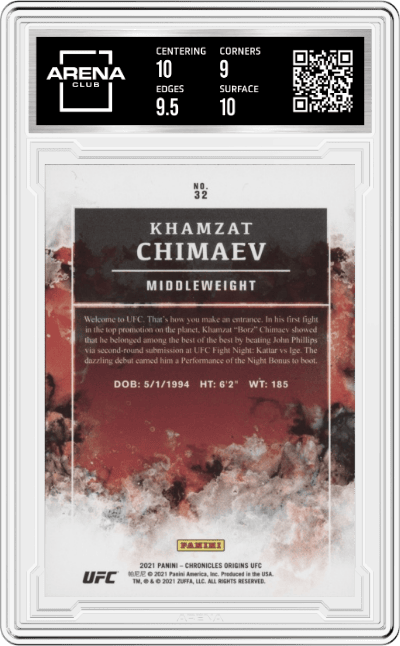 Khamzat Chimaev from the 2021 Panini Chronicles UFC MMA set graded by Arena Club and given an overall grade of 9.5.