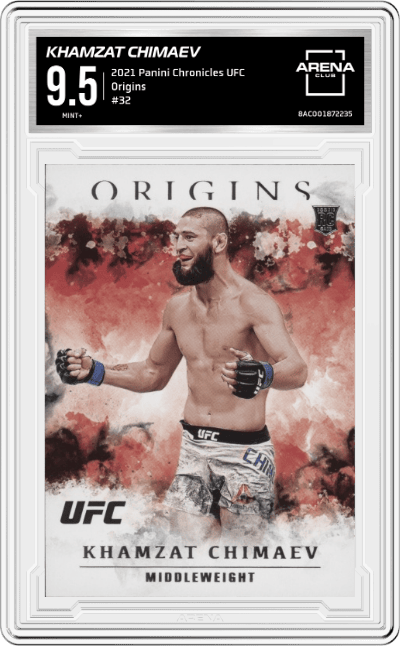 Khamzat Chimaev from the 2021 Panini Chronicles UFC MMA set graded by Arena Club and given an overall grade of 9.5.